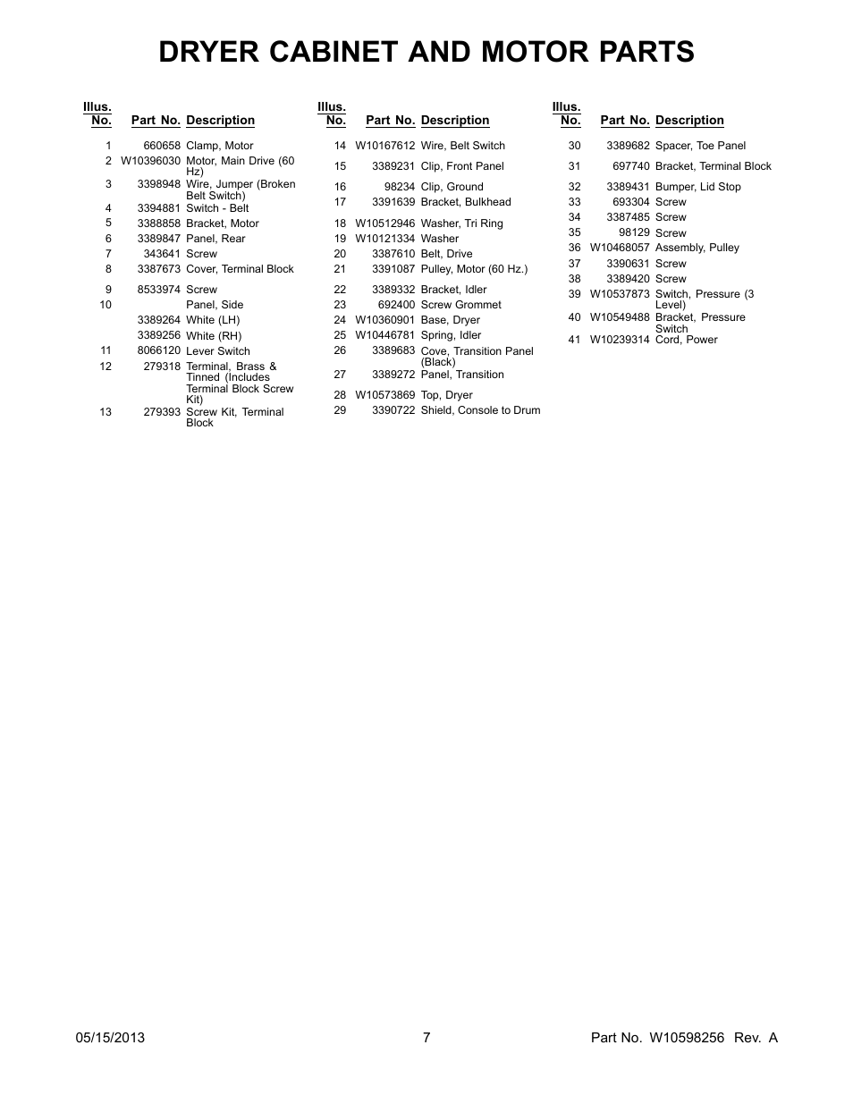 Dryer cabinet and motor parts | Whirlpool WGT3300XQ User Manual | Page 7 / 30