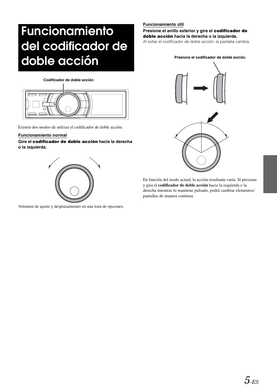 Funcionamiento del codificador de doble acción, Funcionamiento normal, Funcionamiento útil | Funcionamiento del codificador de, Doble acción, Funcionamiento normal funcionamiento útil | Alpine IDA-X100 User Manual | Page 103 / 143