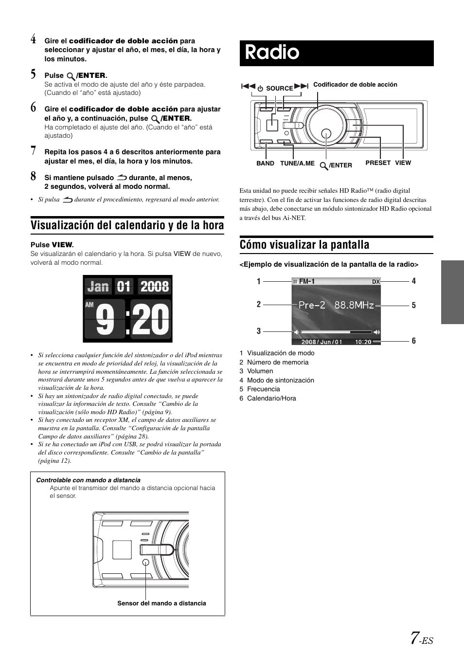 Visualización del calendario y de la hora, Radio, Cómo visualizar la pantalla | Alpine IDA-X100 User Manual | Page 105 / 143