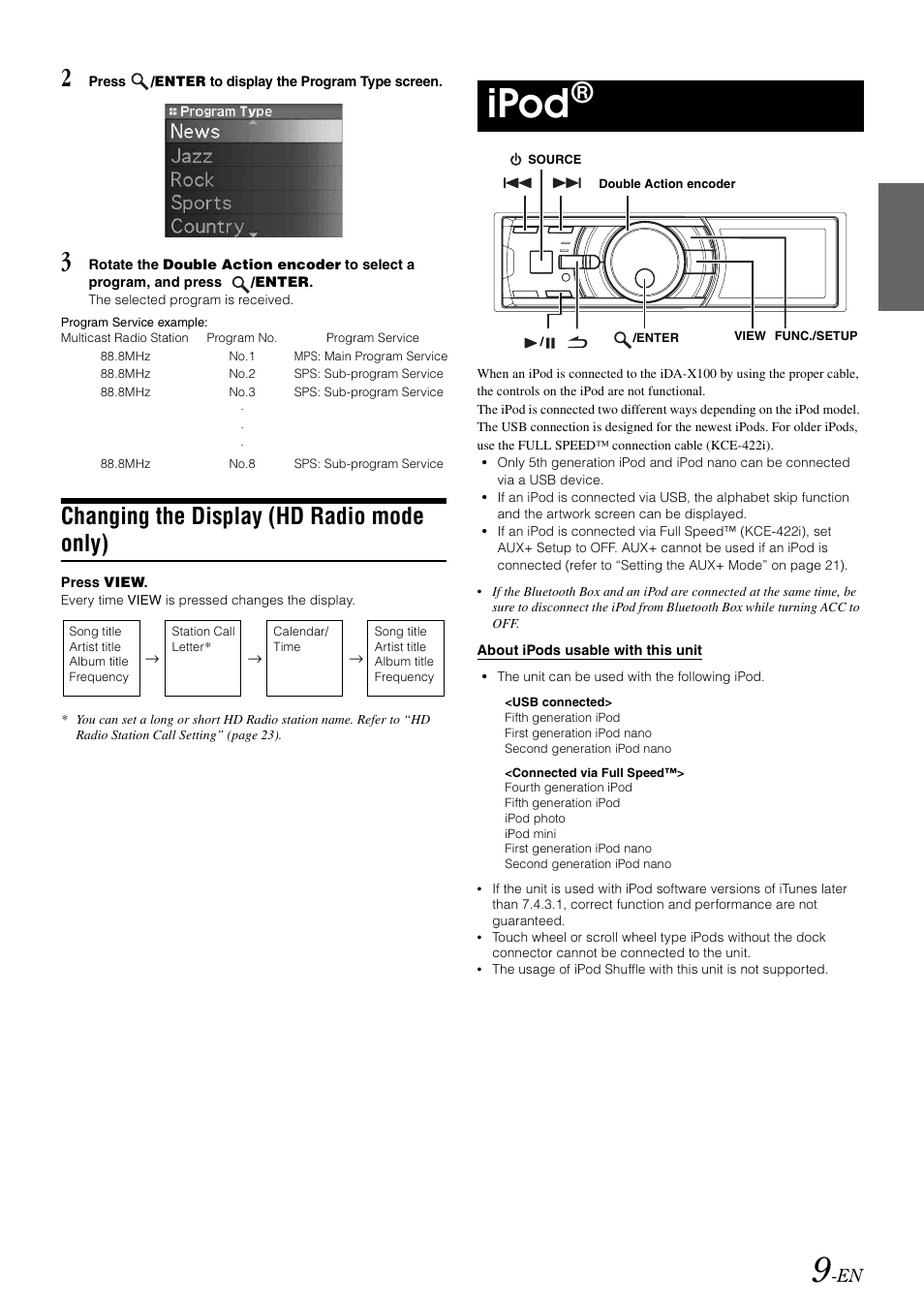 Changing the display (hd radio mode only), Ipod, Changing the display | Hd radio mode only) | Alpine IDA-X100 User Manual | Page 11 / 143