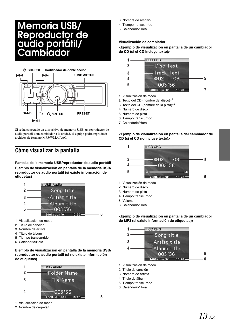 Cómo visualizar la pantalla, Memoria usb/reproductor de audio, Portátil/cambiador | Alpine IDA-X100 User Manual | Page 111 / 143