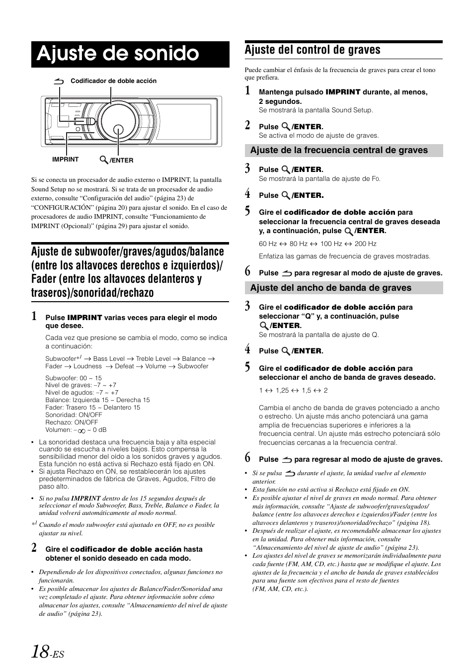 Ajuste de sonido, Ajuste del control de graves, Ajuste de la frecuencia central de graves | Ajuste del ancho de banda de graves, Ajuste de subwoofer/graves/agudos/balance | Alpine IDA-X100 User Manual | Page 116 / 143