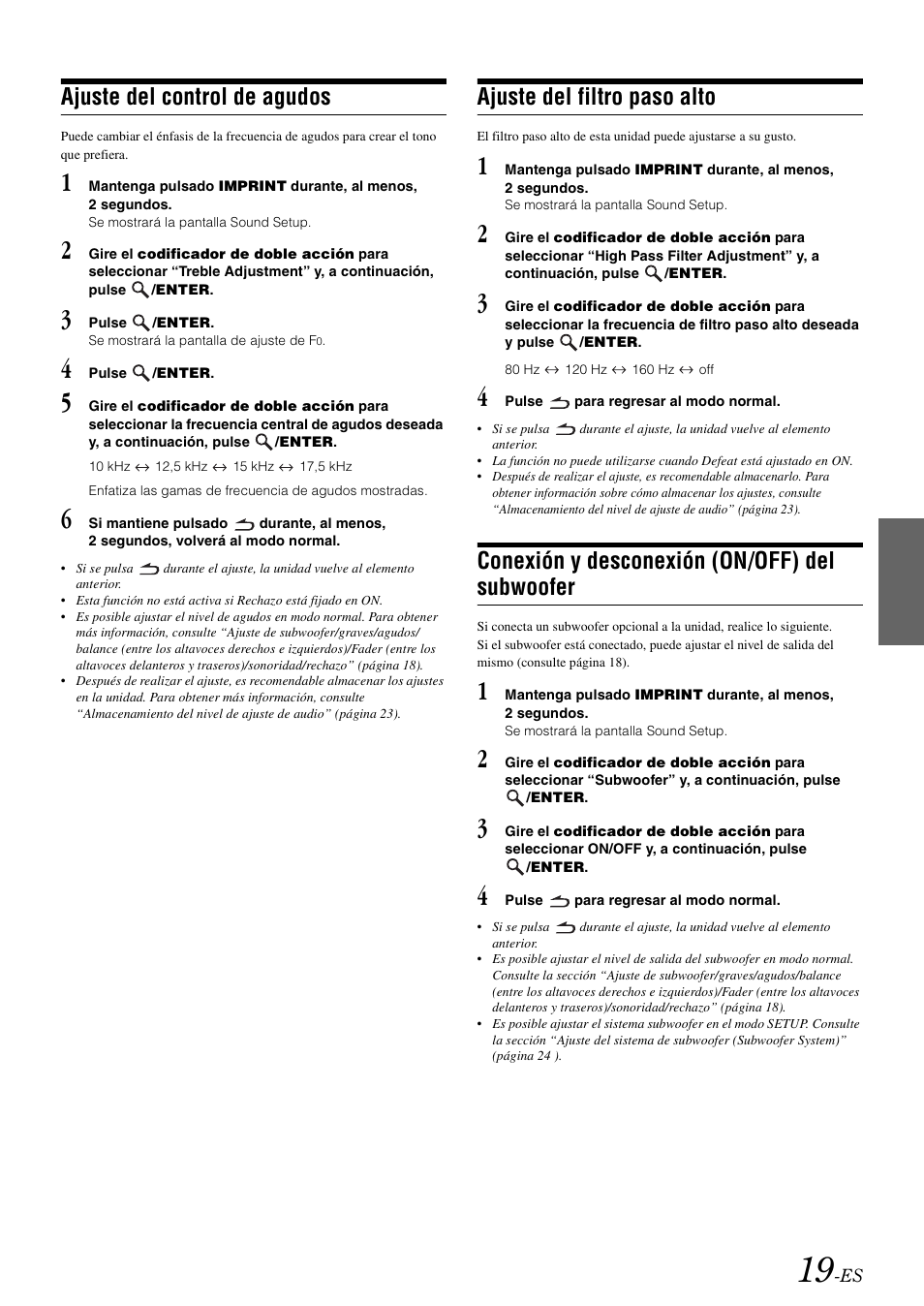 Ajuste del control de agudos, Ajuste del filtro paso alto, Conexión y desconexión (on/off) del subwoofer | Subwoofer | Alpine IDA-X100 User Manual | Page 117 / 143