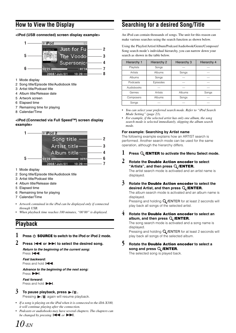 How to view the display, Playback, Searching for a desired song/title | Alpine IDA-X100 User Manual | Page 12 / 143