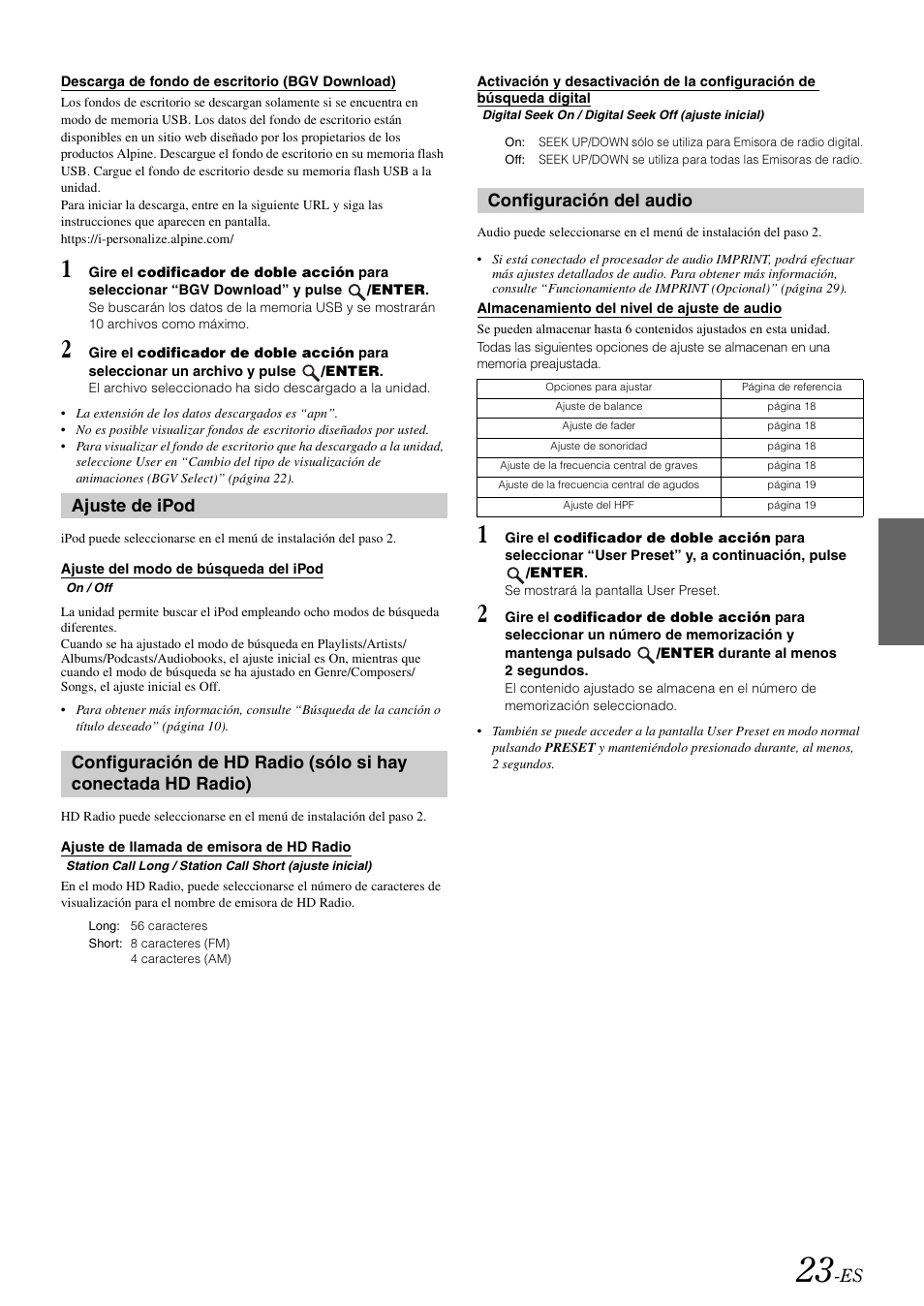 Descarga de fondo de escritorio (bgv download), Ajuste de ipod, Ajuste del modo de búsqueda del ipod | Ajuste de llamada de emisora de hd radio, Configuración del audio, Almacenamiento del nivel de ajuste de audio, Descarga de fondo de escritorio, Bgv download), Búsqueda digital, Almacenamiento del nivel de ajuste | Alpine IDA-X100 User Manual | Page 121 / 143