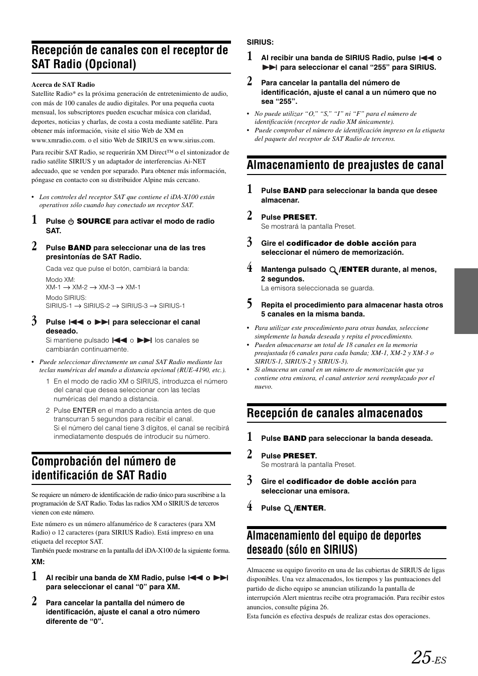 Almacenamiento de preajustes de canal, Recepción de canales almacenados, Recepción de canales con el receptor de sat | Radio (opcional), Comprobación del número de identificación de, Sat radio, Deseado (sólo en sirius) | Alpine IDA-X100 User Manual | Page 123 / 143
