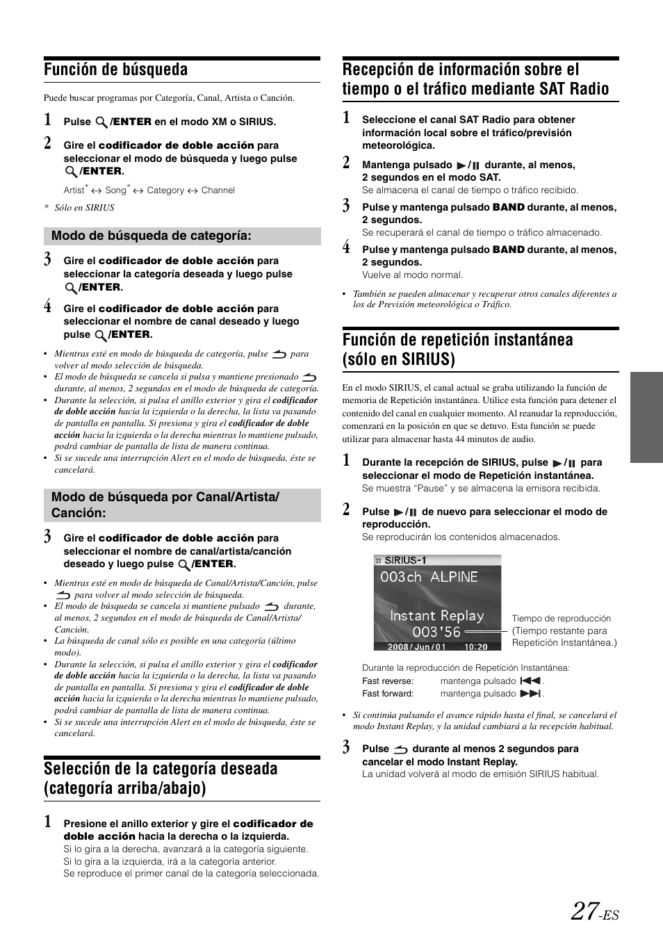 Función de búsqueda, Función de repetición instantánea (sólo en sirius), Categoría arriba/abajo) | Recepción de información sobre el tiempo, O el tráfico mediante sat radio, Función de repetición instantánea, Sólo en sirius) | Alpine IDA-X100 User Manual | Page 125 / 143