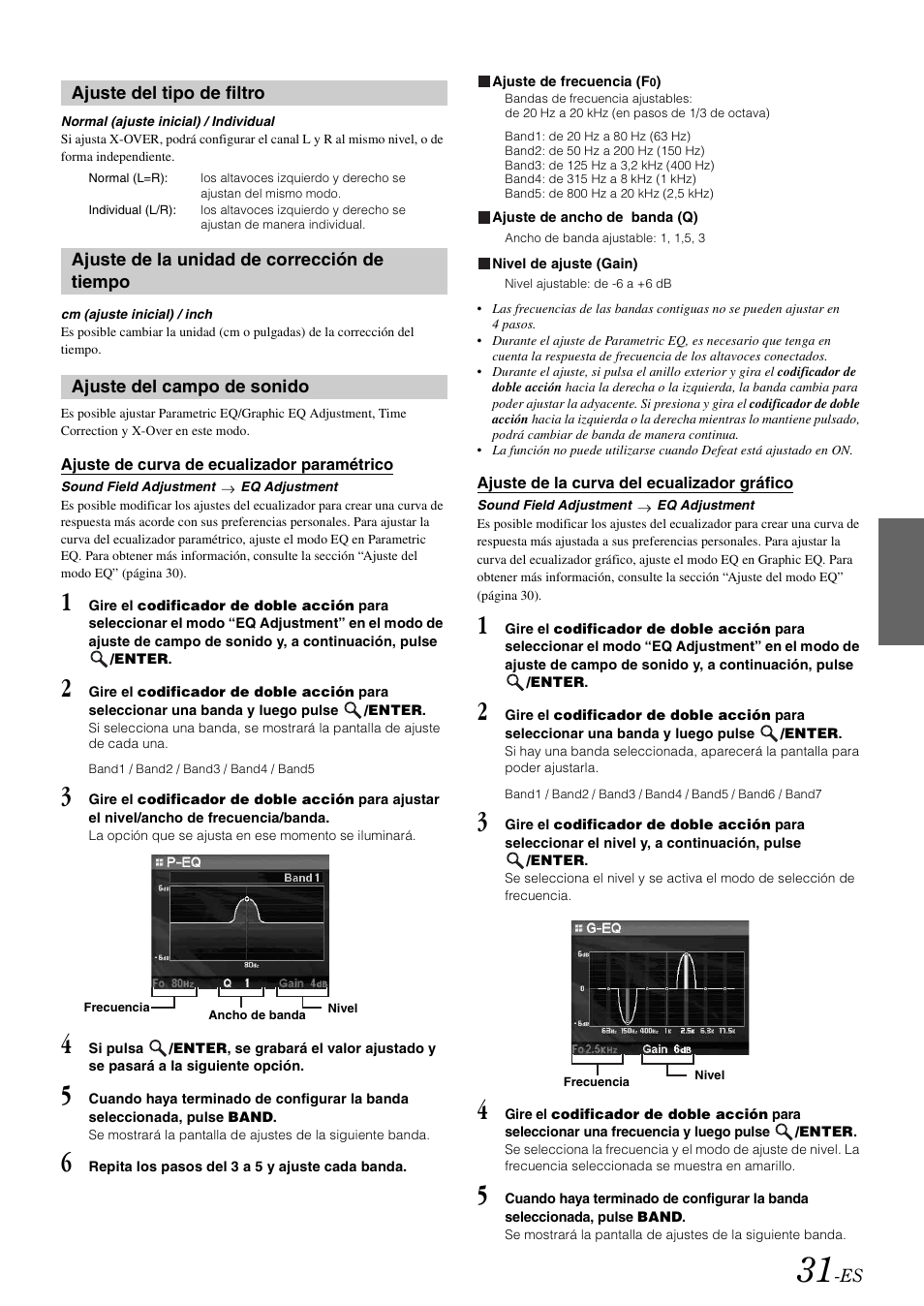 Ajuste del tipo de filtro, Ajuste de la unidad de corrección de tiempo, Ajuste del campo de sonido | Ajuste de curva de ecualizador paramétrico, Ajuste de la curva del ecualizador gráfico, Ajuste de curva de ecualizador, Paramétrico | Alpine IDA-X100 User Manual | Page 129 / 143