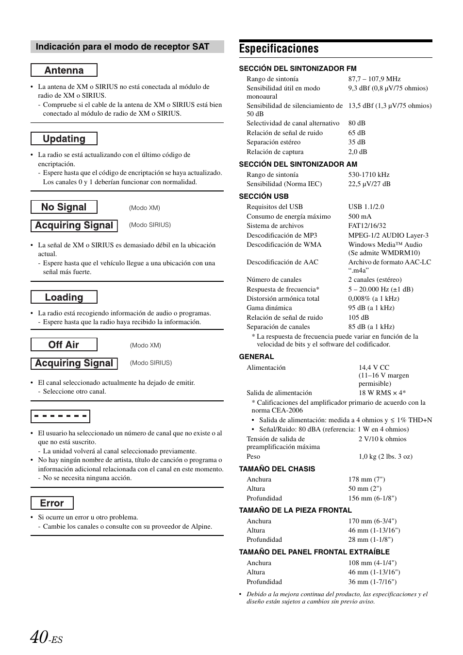 Especificaciones, Indicación para el modo de receptor sat | Alpine IDA-X100 User Manual | Page 138 / 143