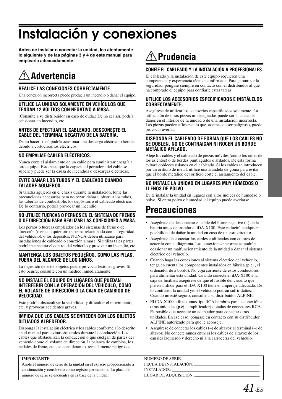 Instalación y conexiones, Advertencia, Prudencia | Precauciones, Advertencia prudencia precauciones | Alpine IDA-X100 User Manual | Page 139 / 143