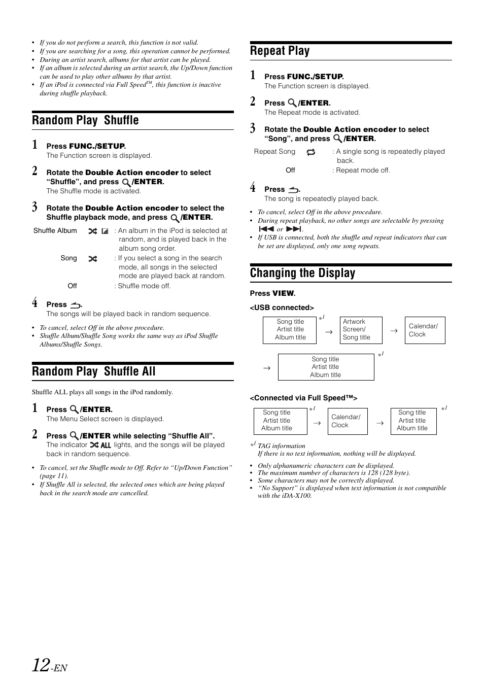 Random play shuffle, Random play shuffle all, Repeat play | Changing the display | Alpine IDA-X100 User Manual | Page 14 / 143