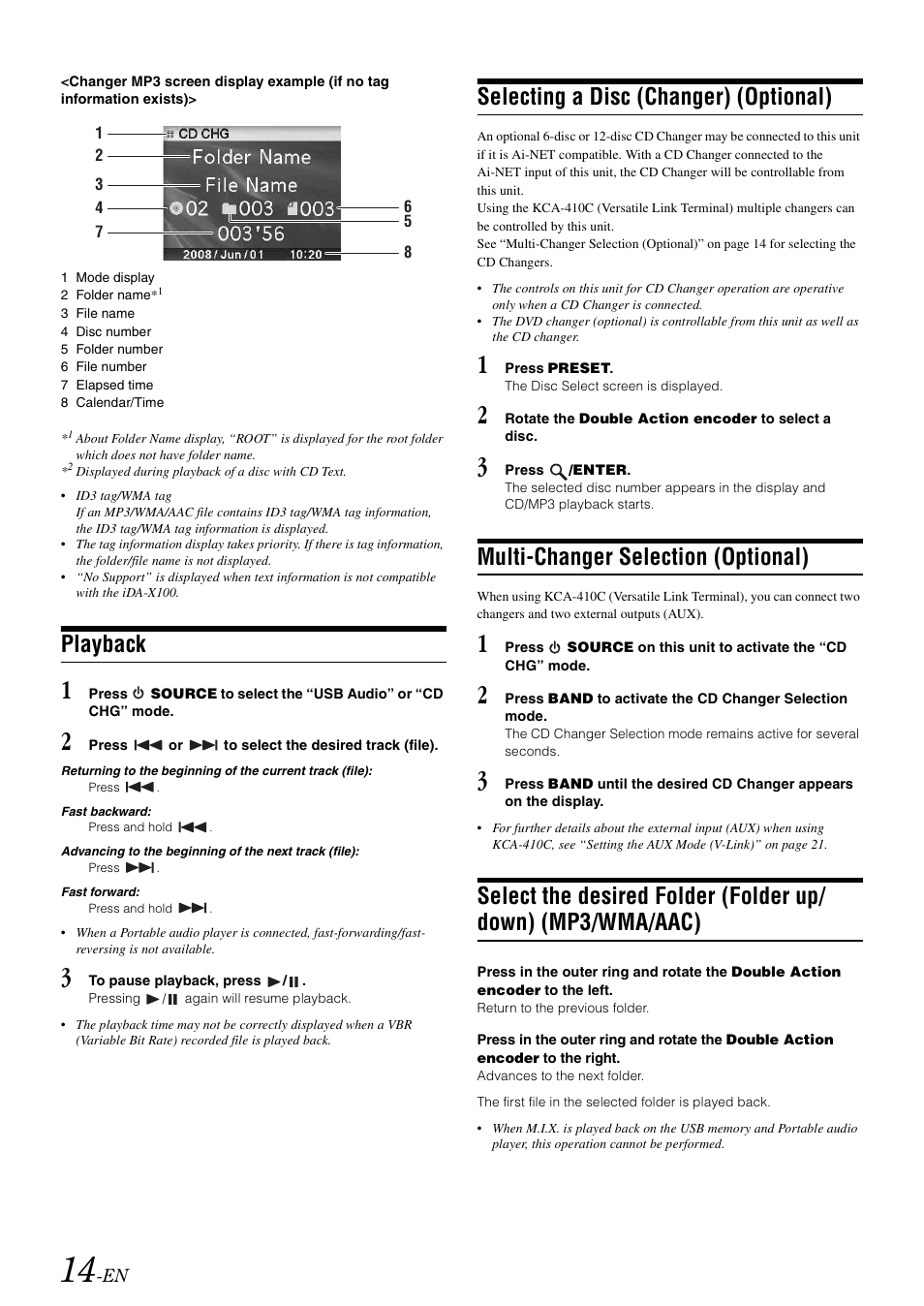 Playback, Selecting a disc (changer) (optional), Multi-changer selection (optional) | Select the desired folder (folder up/down), Mp3/wma/aac) | Alpine IDA-X100 User Manual | Page 16 / 143