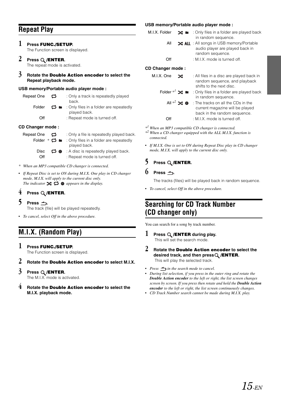 Repeat play, M.i.x. (random play), Searching for cd track number (cd changer only) | Searching for cd track number, Cd changer only) | Alpine IDA-X100 User Manual | Page 17 / 143