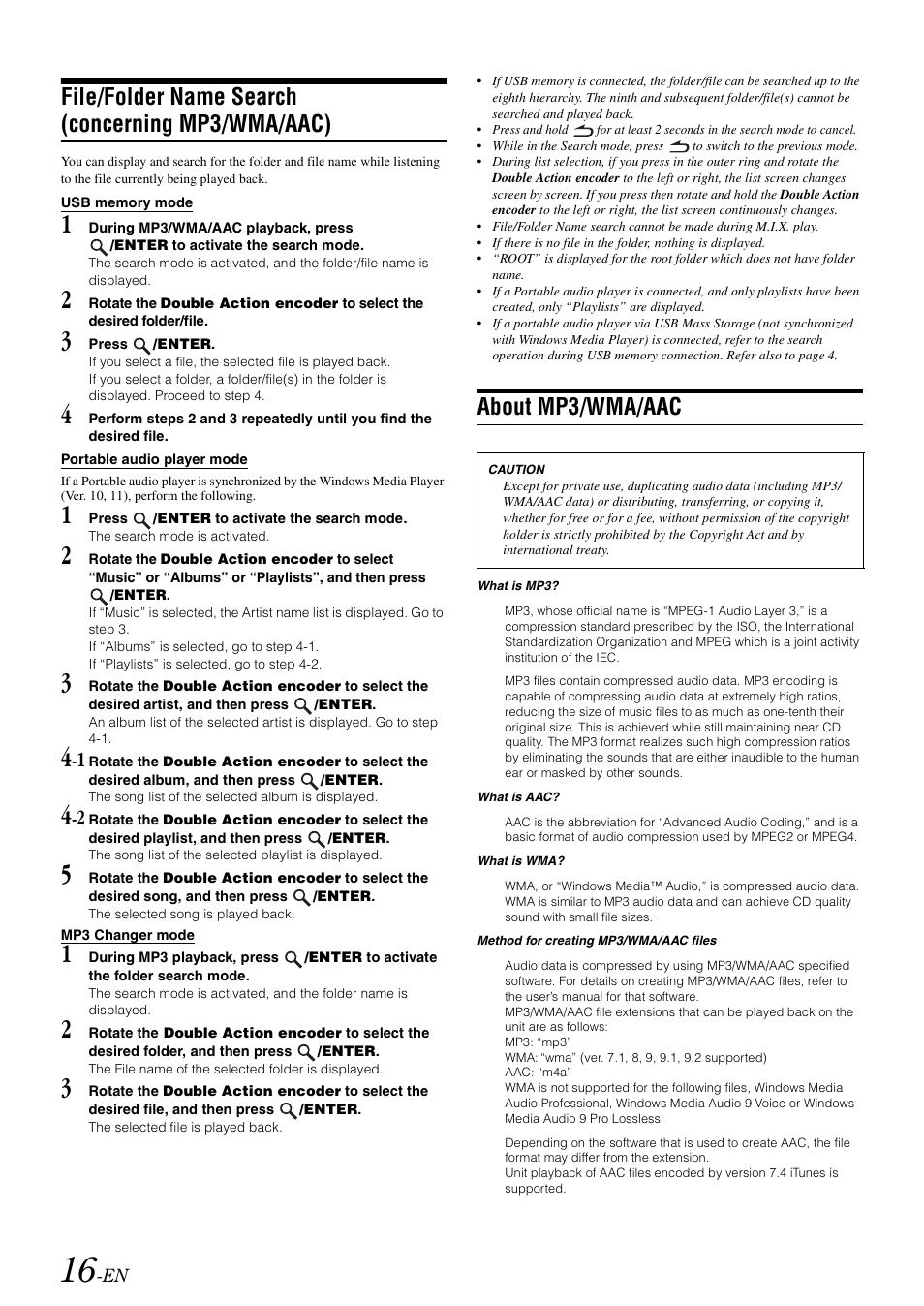 File/folder name search (concerning mp3/wma/aac), Usb memory mode, Portable audio player mode | Mp3 changer mode, About mp3/wma/aac, File/folder name search, Concerning mp3/wma/aac) | Alpine IDA-X100 User Manual | Page 18 / 143