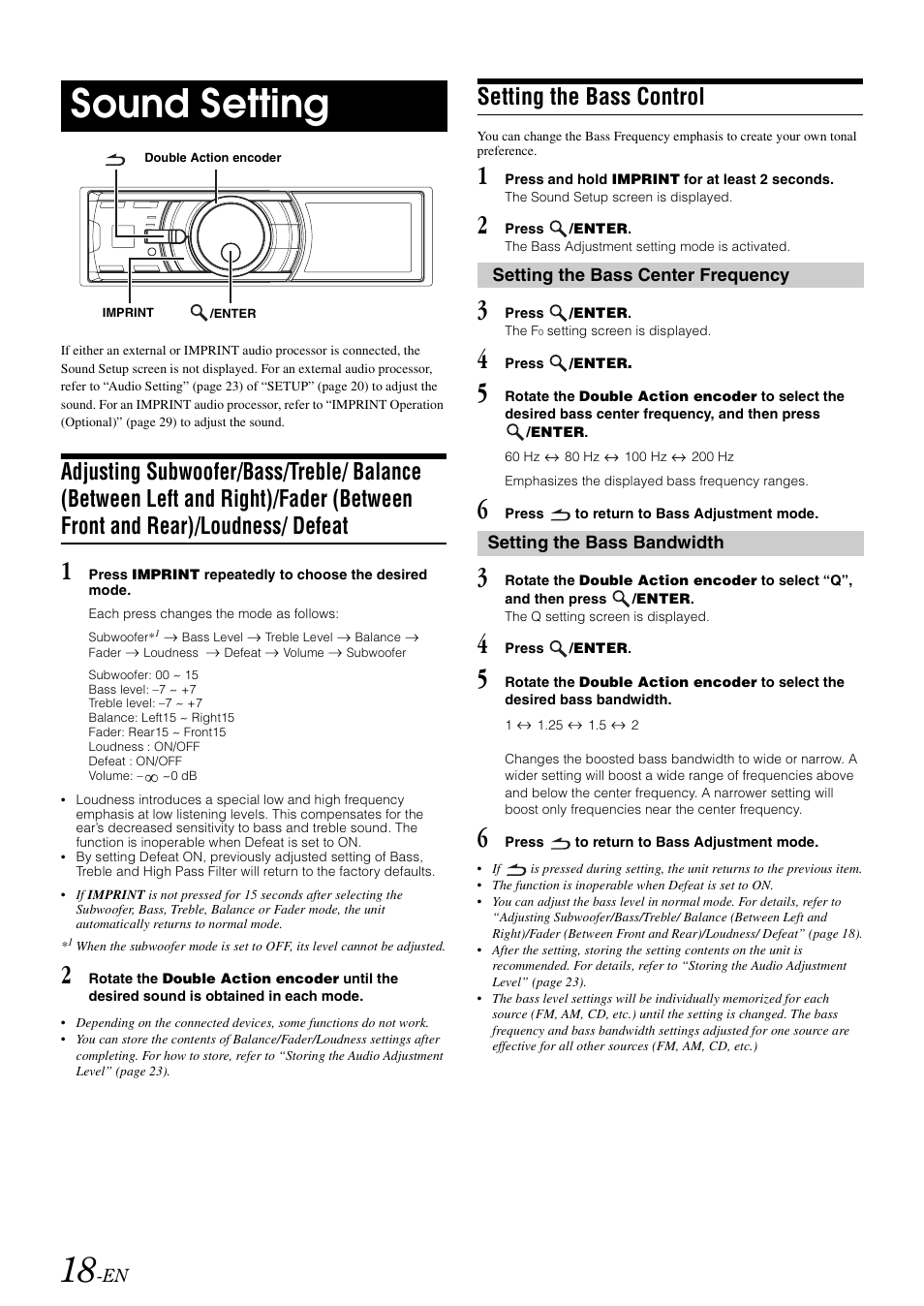 Sound setting, Setting the bass control, Setting the bass center frequency | Setting the bass bandwidth, Adjusting subwoofer/bass/treble/ balance | Alpine IDA-X100 User Manual | Page 20 / 143