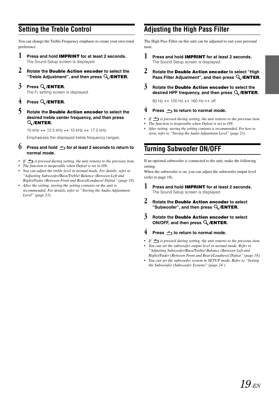 Setting the treble control, Adjusting the high pass filter, Turning subwoofer on/off | Alpine IDA-X100 User Manual | Page 21 / 143