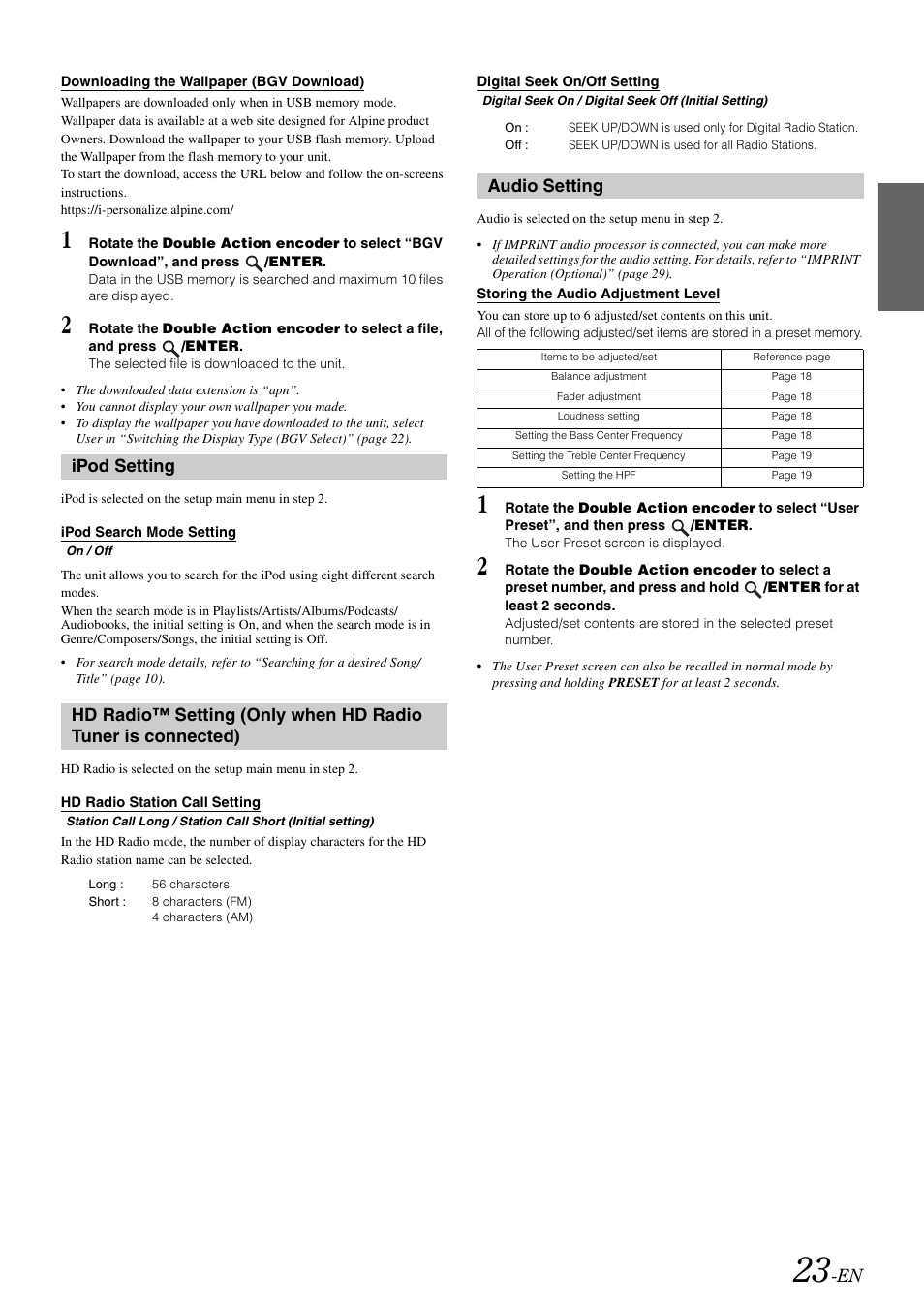 Downloading the wallpaper (bgv download), Ipod setting, Ipod search mode setting | Hd radio station call setting, Digital seek on/off setting, Audio setting, Storing the audio adjustment level, Downloading the wallpaper, Bgv download) | Alpine IDA-X100 User Manual | Page 25 / 143