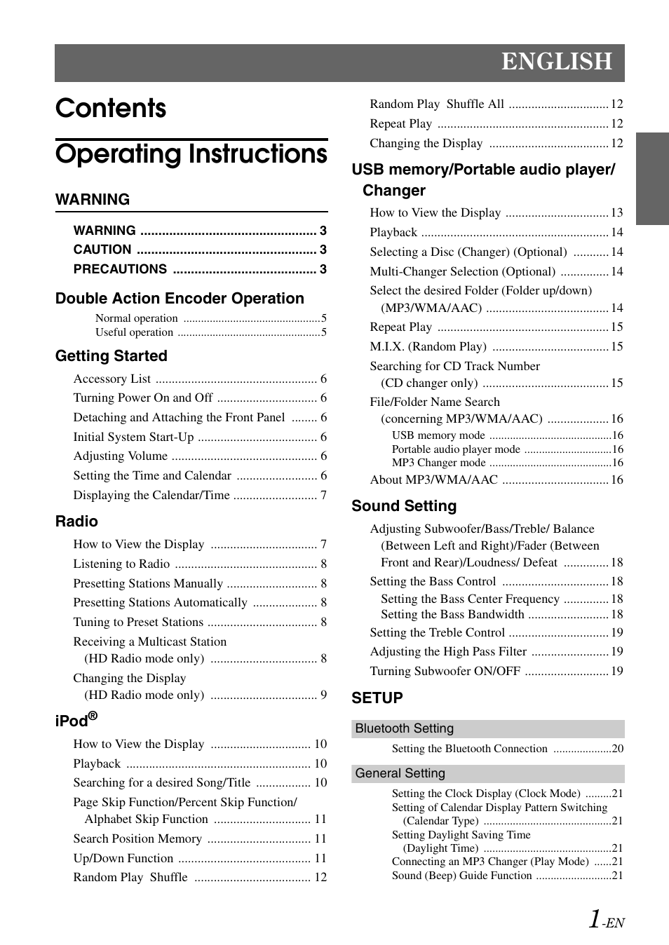 Contents operating instructions, English | Alpine IDA-X100 User Manual | Page 3 / 143