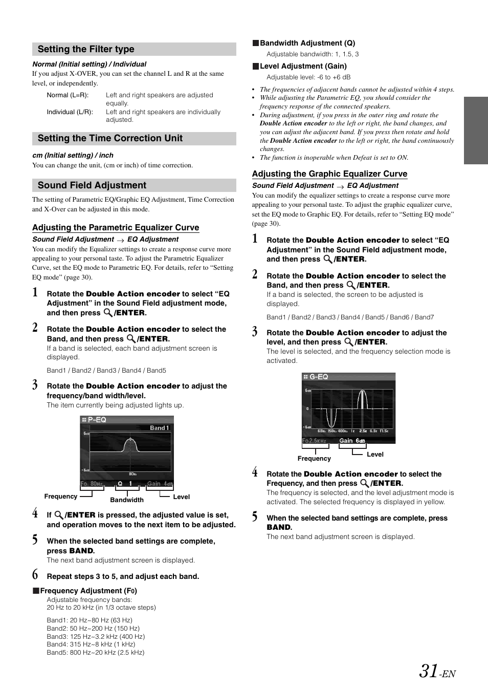 Setting the filter type, Setting the time correction unit, Sound field adjustment | Adjusting the parametric equalizer curve, Adjusting the graphic equalizer curve | Alpine IDA-X100 User Manual | Page 33 / 143