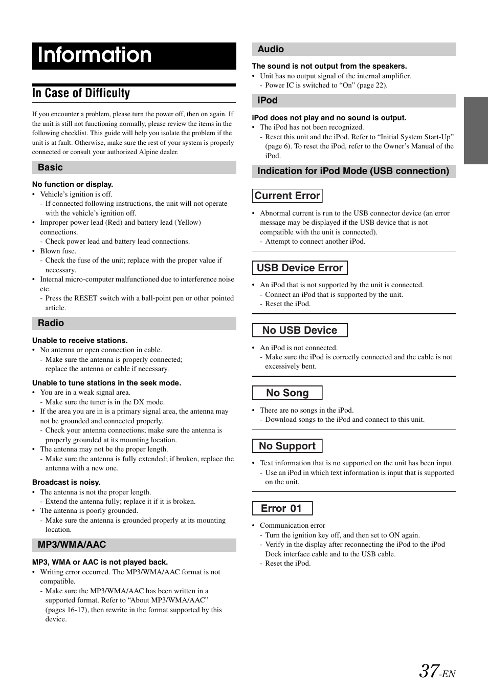 Information, In case of difficulty | Alpine IDA-X100 User Manual | Page 39 / 143