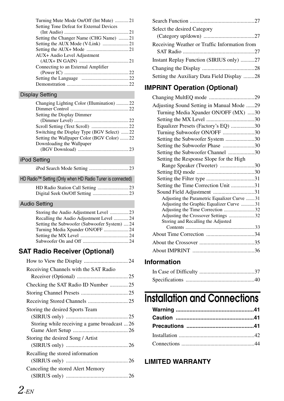 Installation and connections, Sat radio receiver (optional), Imprint operation (optional) | Information, Limited warranty | Alpine IDA-X100 User Manual | Page 4 / 143