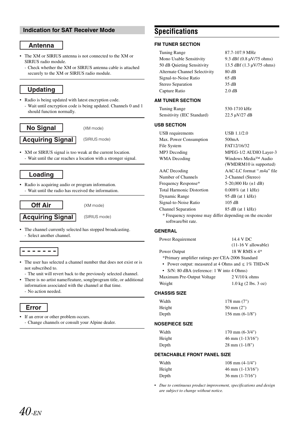 Specifications, Indication for sat receiver mode | Alpine IDA-X100 User Manual | Page 42 / 143