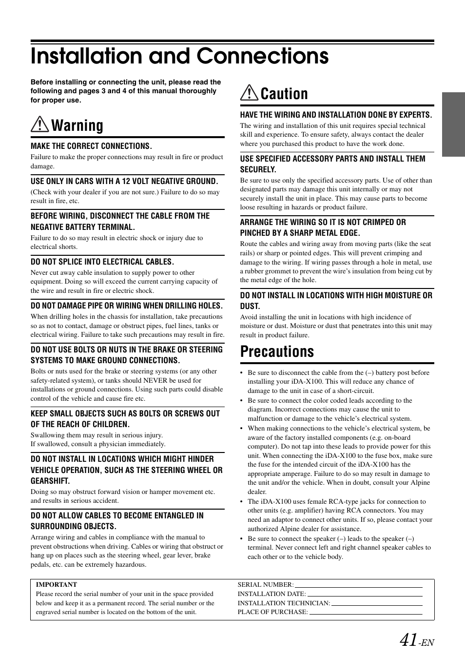 Installation and connections, Warning, Caution | Precautions | Alpine IDA-X100 User Manual | Page 43 / 143