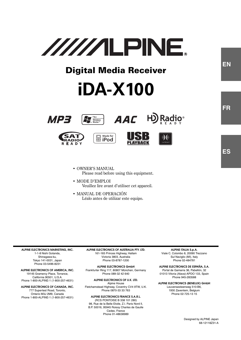 Ida-x100, Digital media receiver, En fr es | Alpine IDA-X100 User Manual | Page 49 / 143