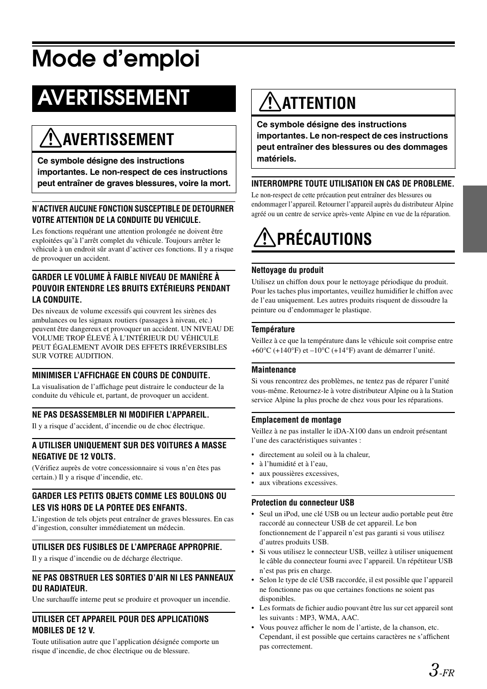 Mode d’emploi, Avertissement, Attention | Précautions | Alpine IDA-X100 User Manual | Page 53 / 143