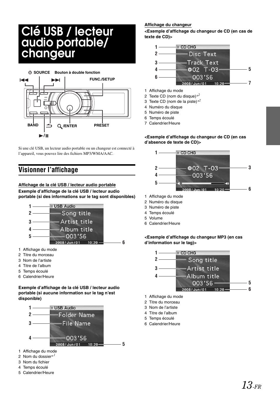 Clé usb / lecteur audio portable/ changeur, Visionner l’affichage, Clé usb / lecteur audio portable | Changeur | Alpine IDA-X100 User Manual | Page 63 / 143