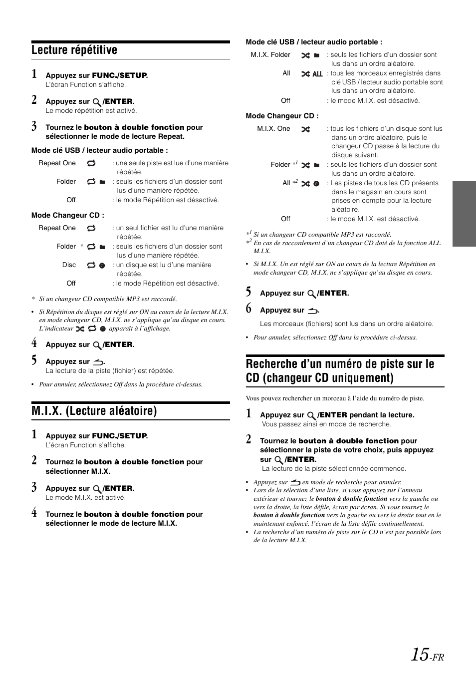 Lecture répétitive, M.i.x. (lecture aléatoire), Recherche d’un numéro de piste sur le cd | Changeur cd uniquement) | Alpine IDA-X100 User Manual | Page 65 / 143