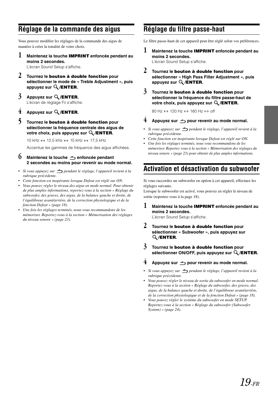 Réglage de la commande des aigus, Réglage du filtre passe-haut, Activation et désactivation du subwoofer | Alpine IDA-X100 User Manual | Page 69 / 143