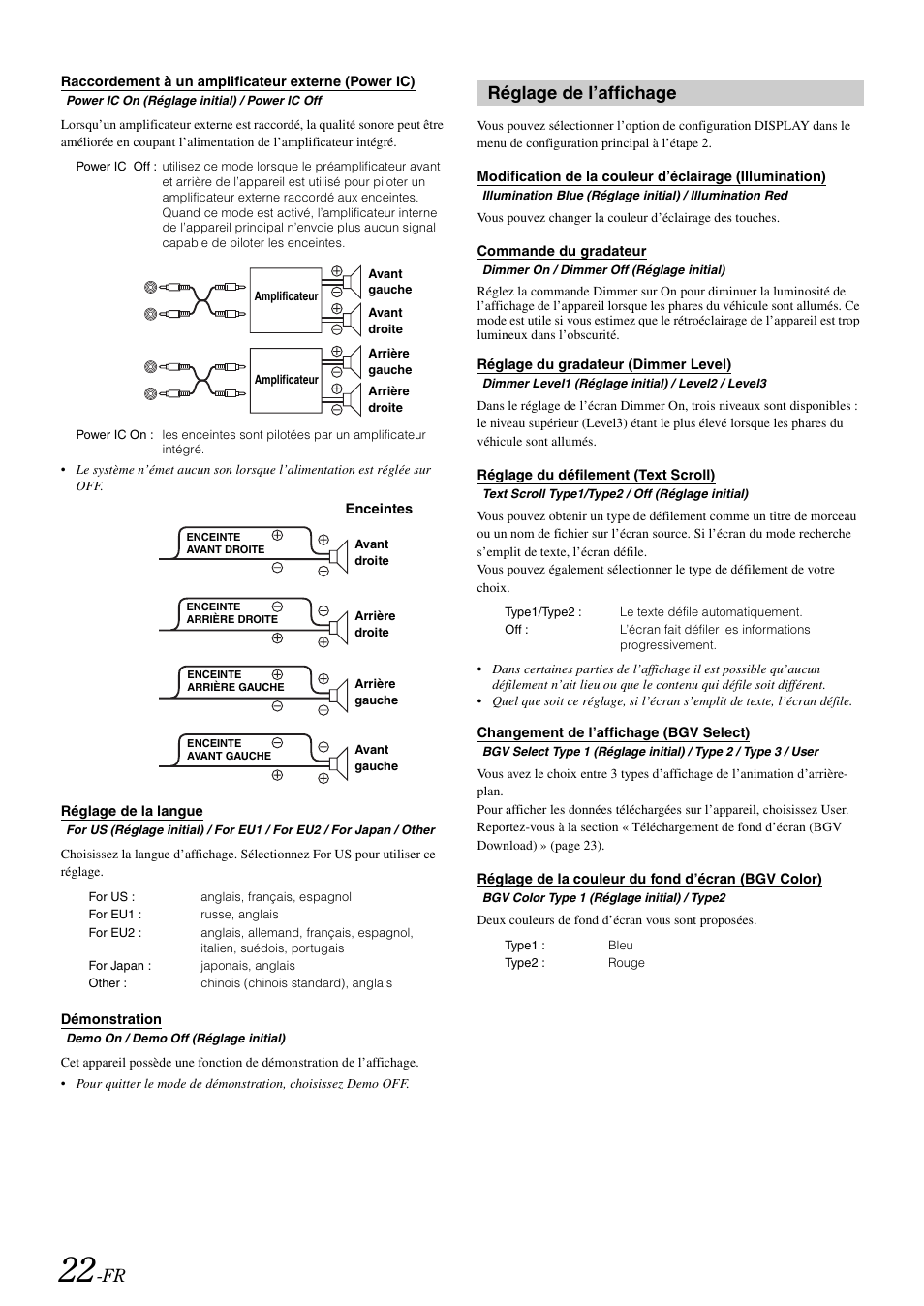 Raccordement à un amplificateur externe (power ic), Réglage de la langue, Démonstration | Réglage de l’affichage, Commande du gradateur, Réglage du gradateur (dimmer level), Réglage du défilement (text scroll), Changement de l’affichage (bgv select), Réglage de la couleur du fond d’écran (bgv color), Raccordement à un amplificateur externe | Alpine IDA-X100 User Manual | Page 72 / 143