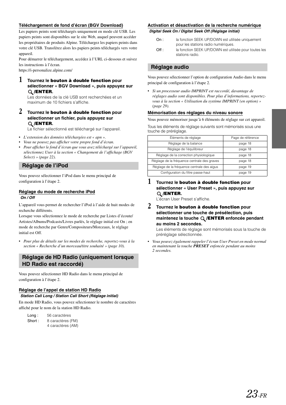 Téléchargement de fond d’écran (bgv download), Réglage de l’ipod, Réglage du mode de recherche ipod | Réglage de l’appel de station hd radio, Réglage audio, Mémorisation des réglages du niveau sonore, Téléchargement de fond d’écran, Bgv download), Numérique, Mémorisation des réglages du niveau | Alpine IDA-X100 User Manual | Page 73 / 143