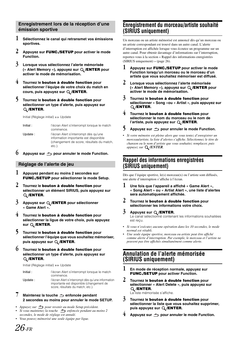 Réglage de l’alerte de jeu, Enregistrement lors de la réception d’une, Émission sportive | Enregistrement du morceau/artiste souhaité, Sirius uniquement), Rappel des informations enregistrées, Annulation de l’alerte mémorisée | Alpine IDA-X100 User Manual | Page 76 / 143