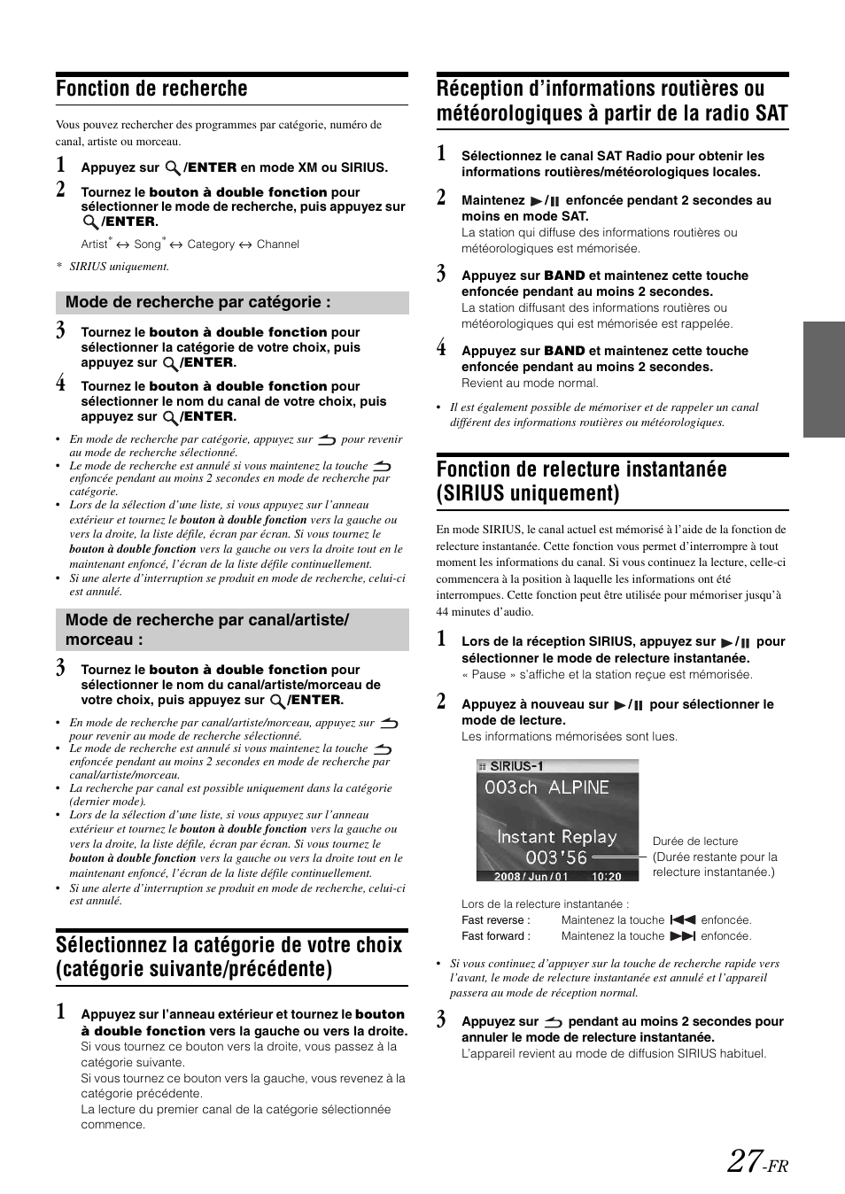 Fonction de recherche, Sélectionnez la catégorie de votre choix, Catégorie suivante/précédente) | Réception d’informations routières ou, Météorologiques à partir de la radio sat, Fonction de relecture instantanée, Sirius uniquement) | Alpine IDA-X100 User Manual | Page 77 / 143