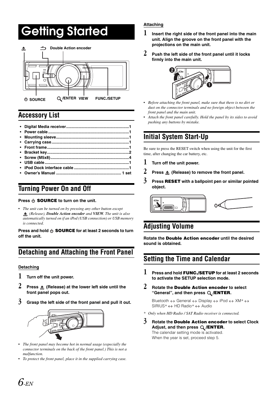 Getting started, Accessory list, Turning power on and off | Detaching and attaching the front panel, Initial system start-up, Adjusting volume, Setting the time and calendar | Alpine IDA-X100 User Manual | Page 8 / 143