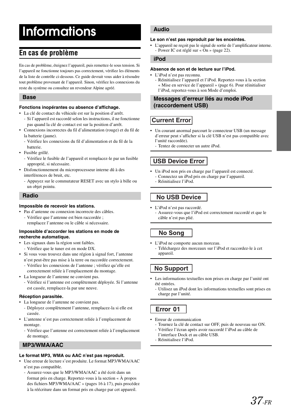 Informations, En cas de problème | Alpine IDA-X100 User Manual | Page 87 / 143