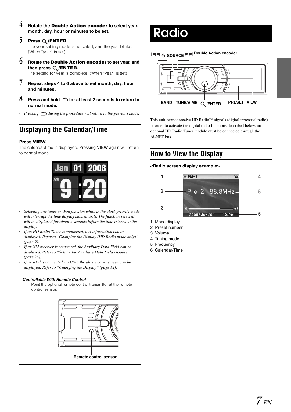 Displaying the calendar/time, Radio, How to view the display | Alpine IDA-X100 User Manual | Page 9 / 143