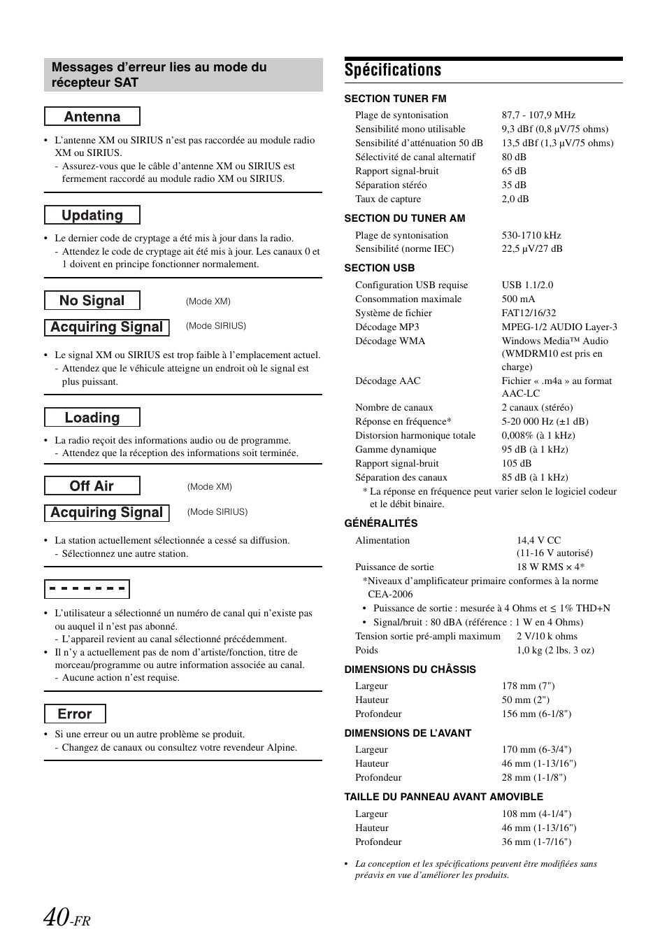 Spécifications, Messages d’erreur lies au mode du récepteur sat | Alpine IDA-X100 User Manual | Page 90 / 143