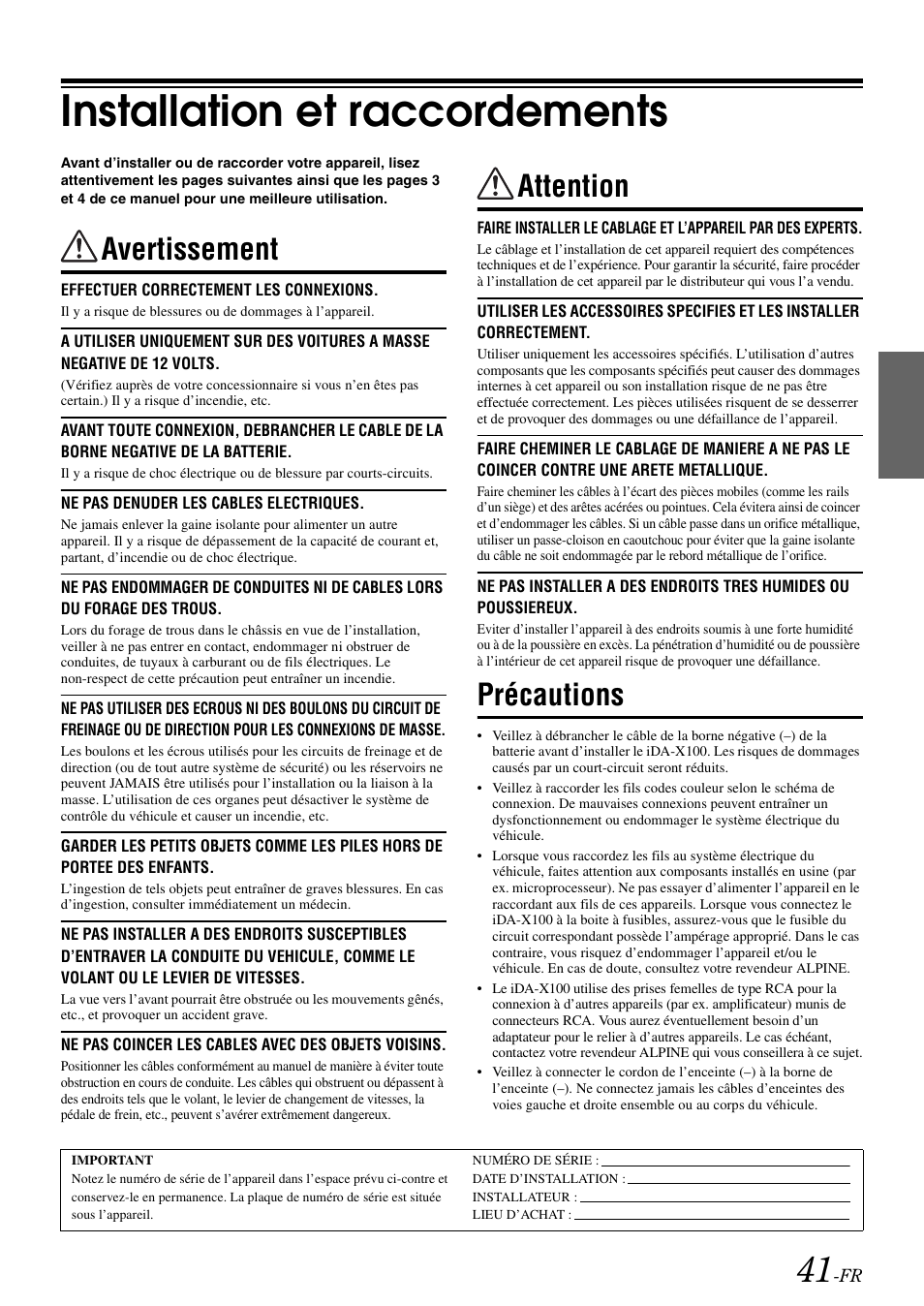 Installation et raccordements, Avertissement, Attention | Précautions, Avertissement attention précautions | Alpine IDA-X100 User Manual | Page 91 / 143