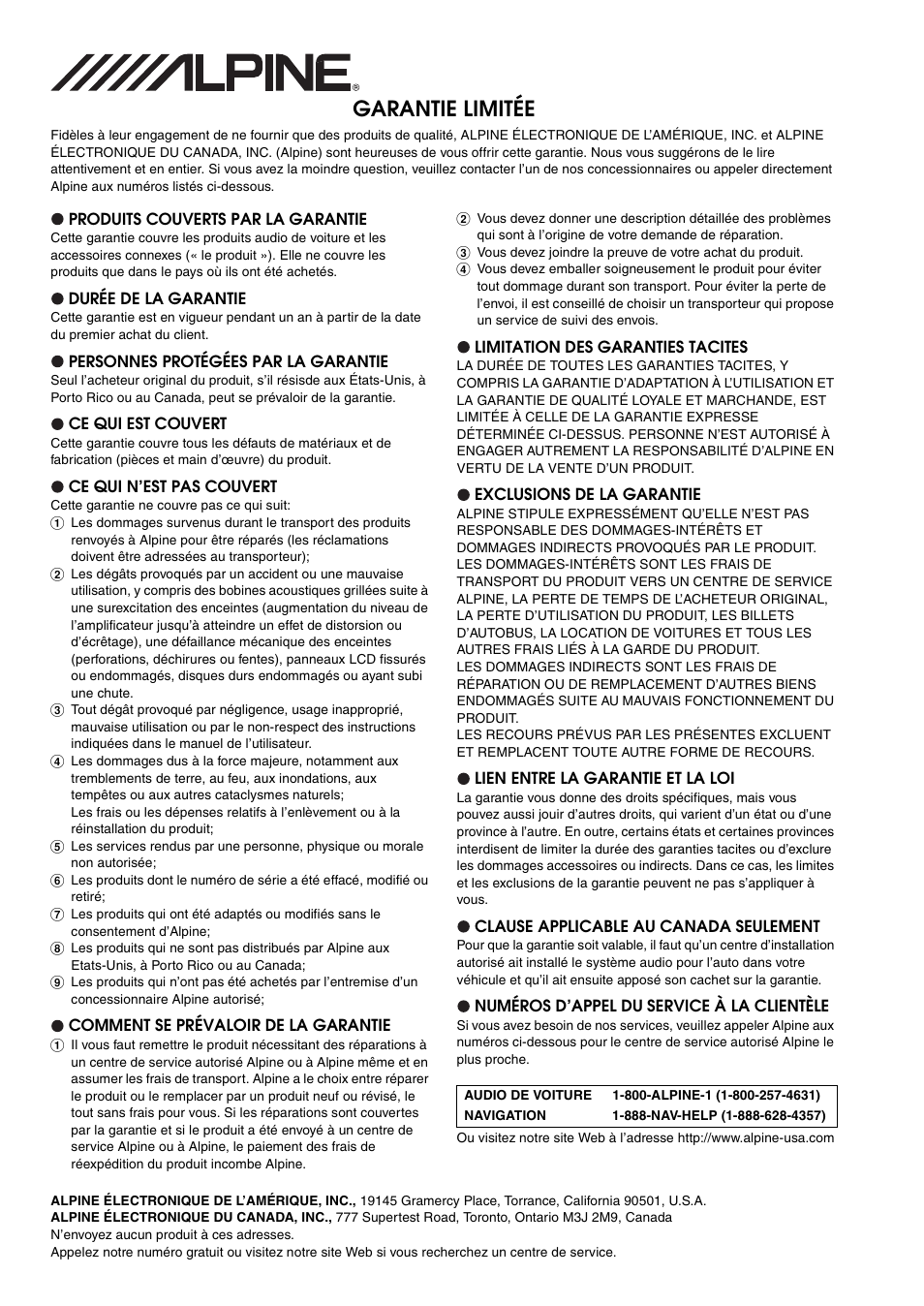 Garantie limitée | Alpine IDA-X100 User Manual | Page 96 / 143