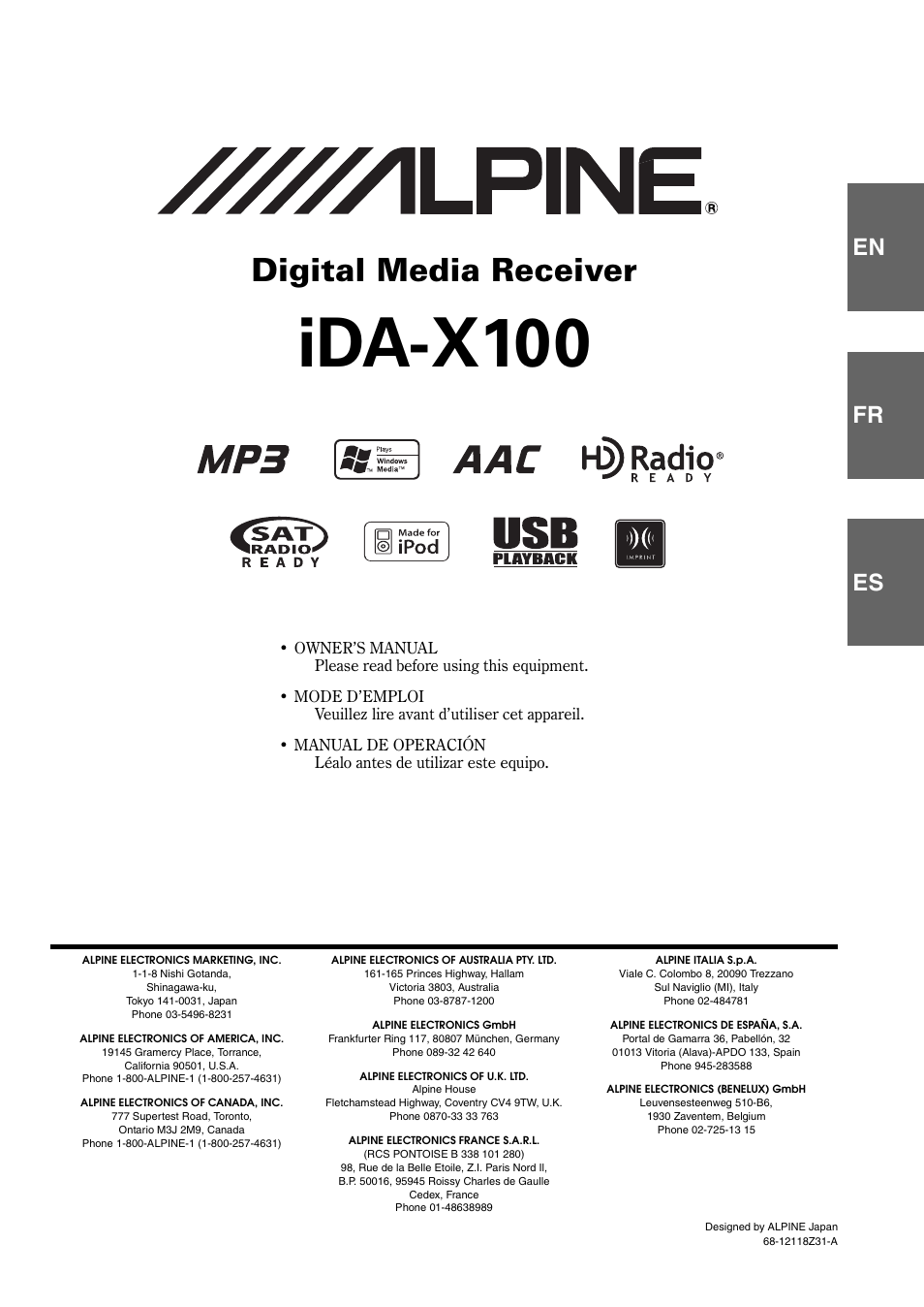 Ida-x100, Digital media receiver, En fr es | Alpine IDA-X100 User Manual | Page 97 / 143