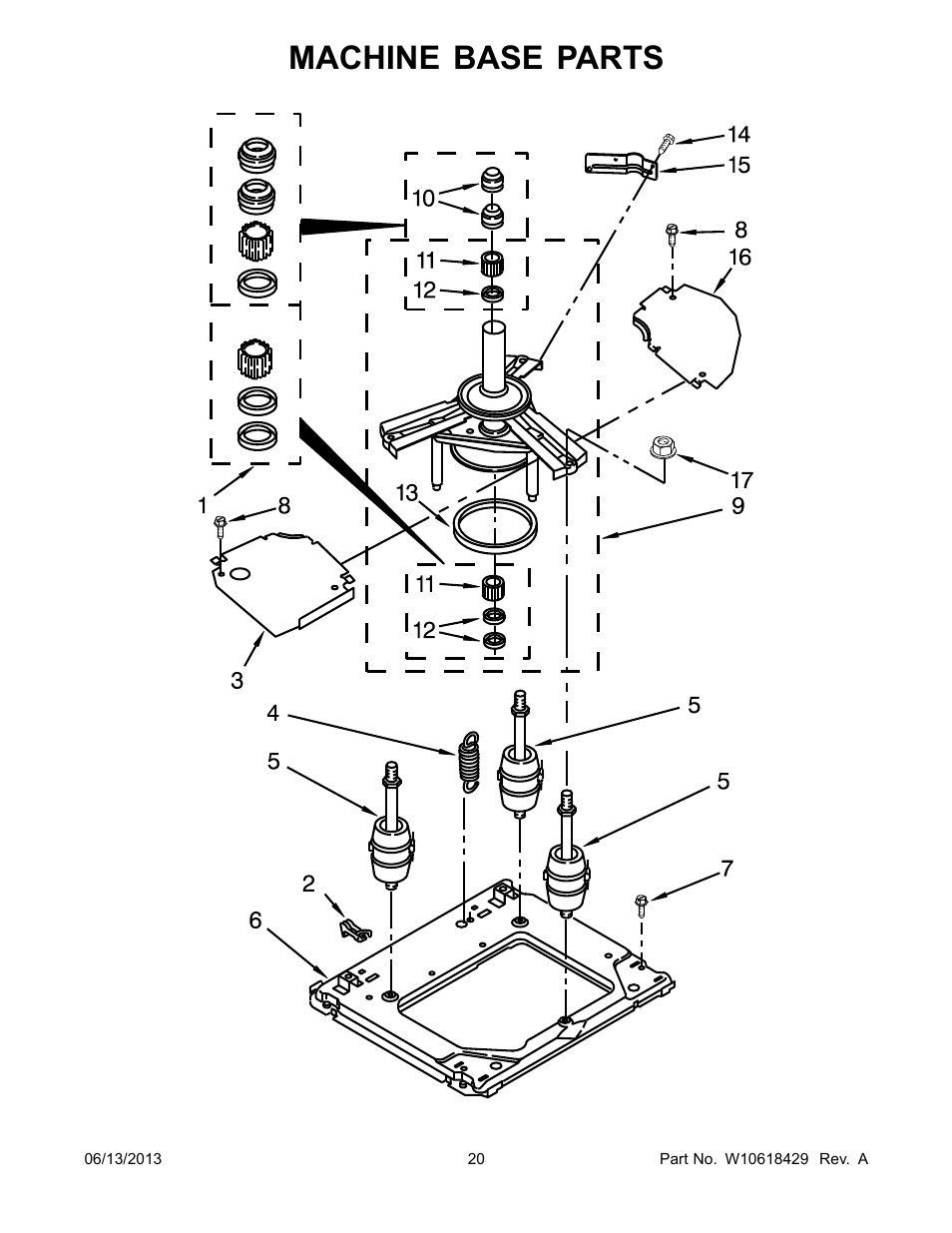 Machine base, Machine base parts | Whirlpool LTG5243DQ User Manual | Page 20 / 28