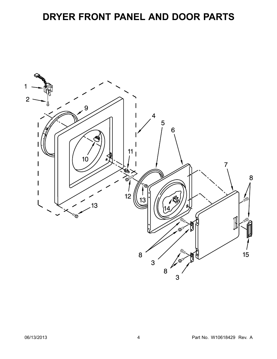 Dryer front panel and door, Dryer front panel and door parts | Whirlpool LTG5243DQ User Manual | Page 4 / 28