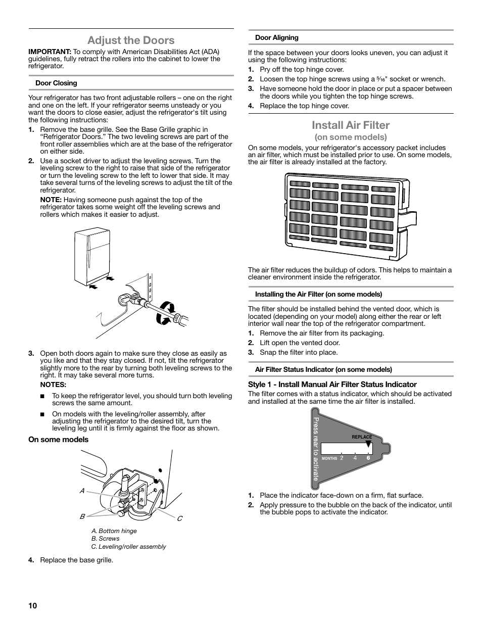 Adjust the doors, Install air filter | Whirlpool WRT771REYB User Manual | Page 10 / 72