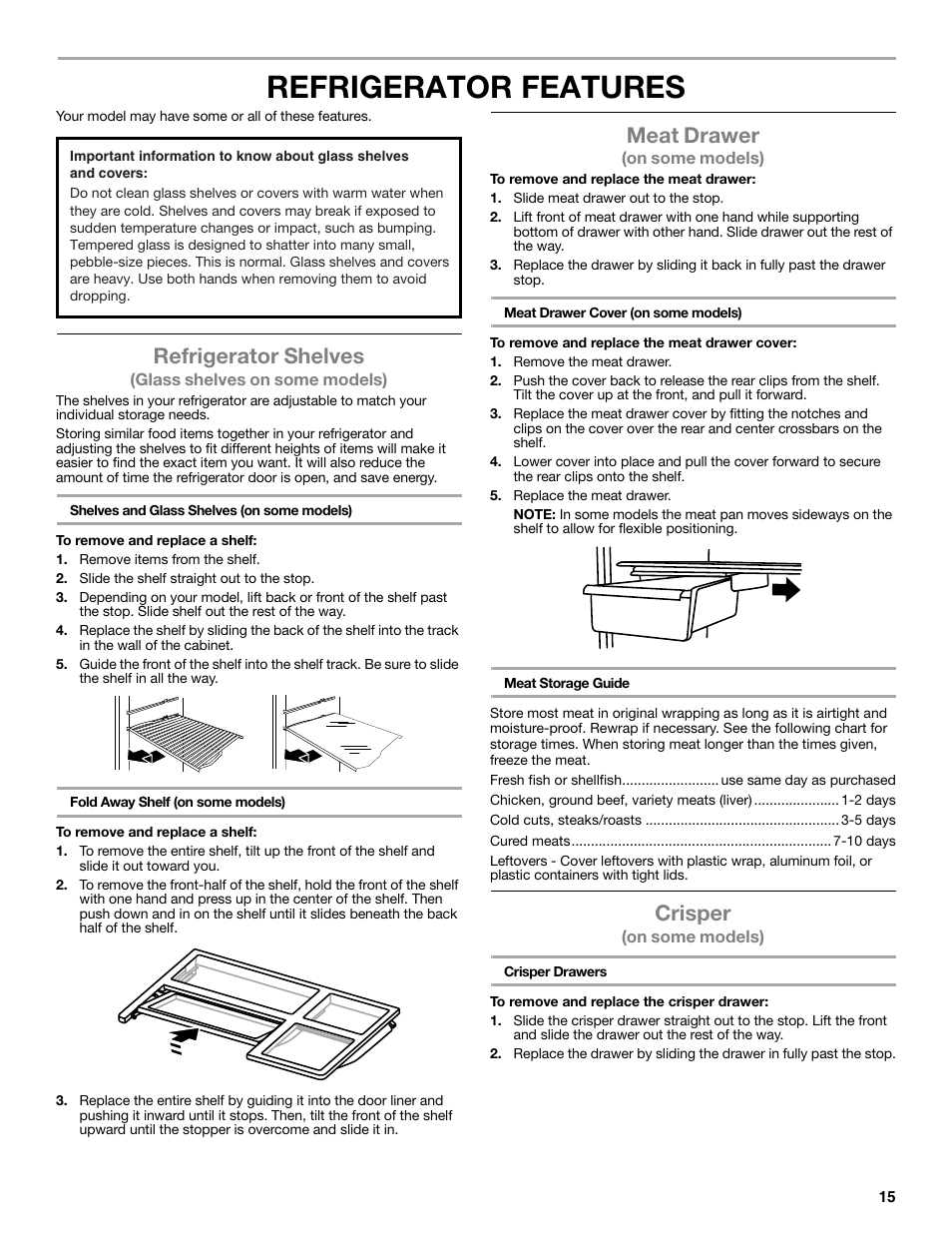 Refrigerator features, Refrigerator shelves, Meat drawer | Crisper | Whirlpool WRT771REYB User Manual | Page 15 / 72