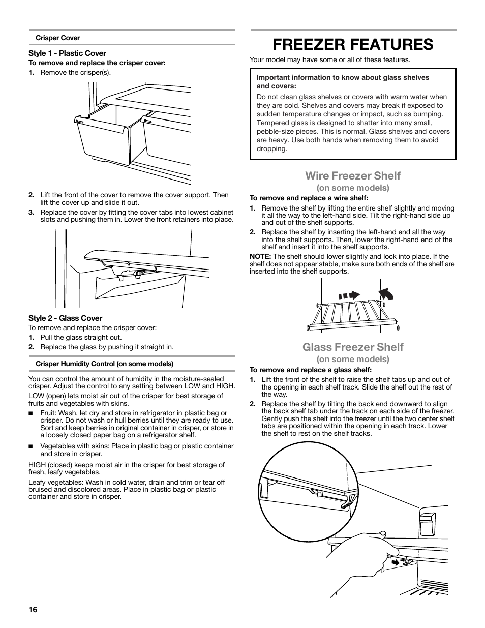 Freezer features, Wire freezer shelf, Glass freezer shelf | Whirlpool WRT771REYB User Manual | Page 16 / 72