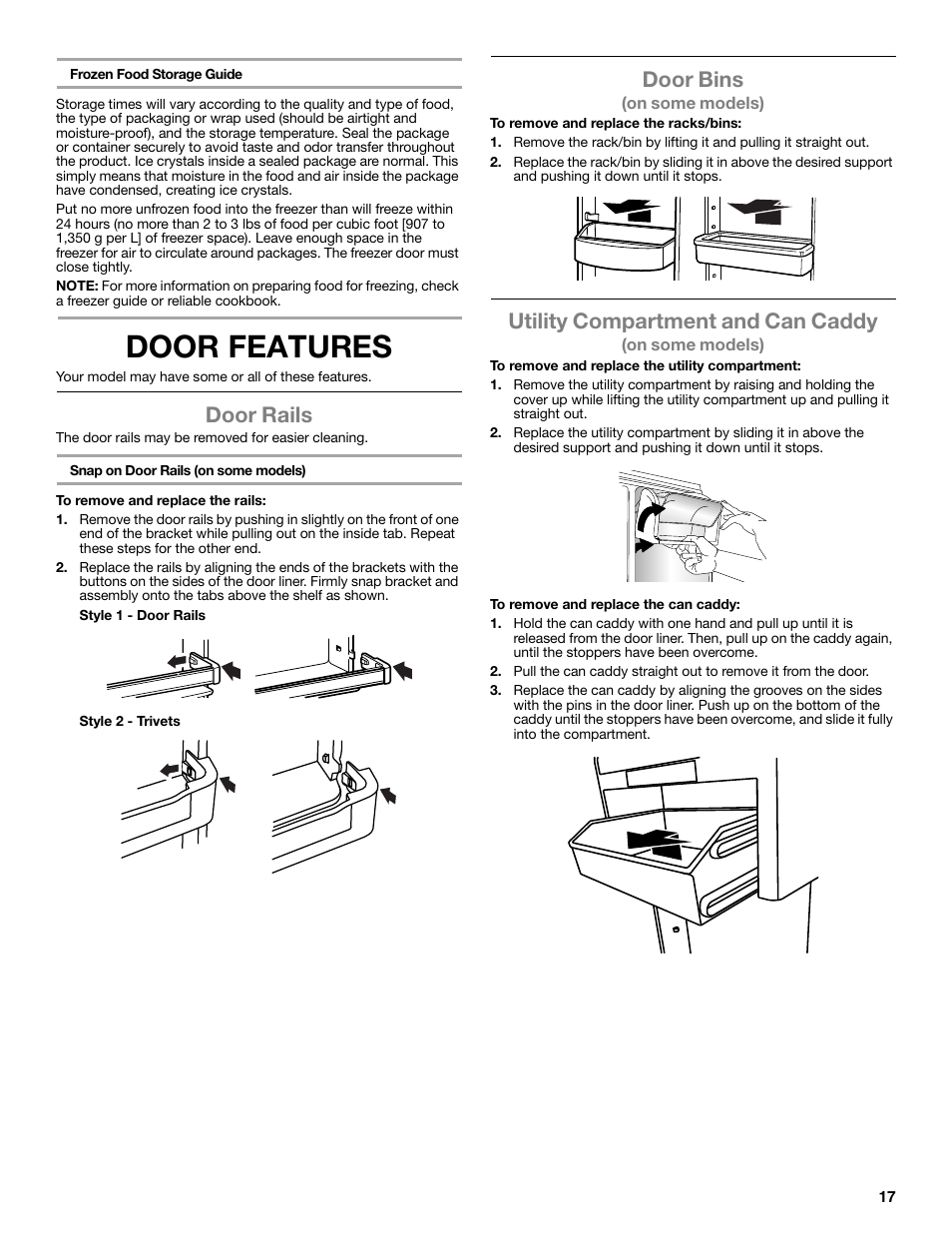 Door features, Door rails, Door bins | Utility compartment and can caddy | Whirlpool WRT771REYB User Manual | Page 17 / 72