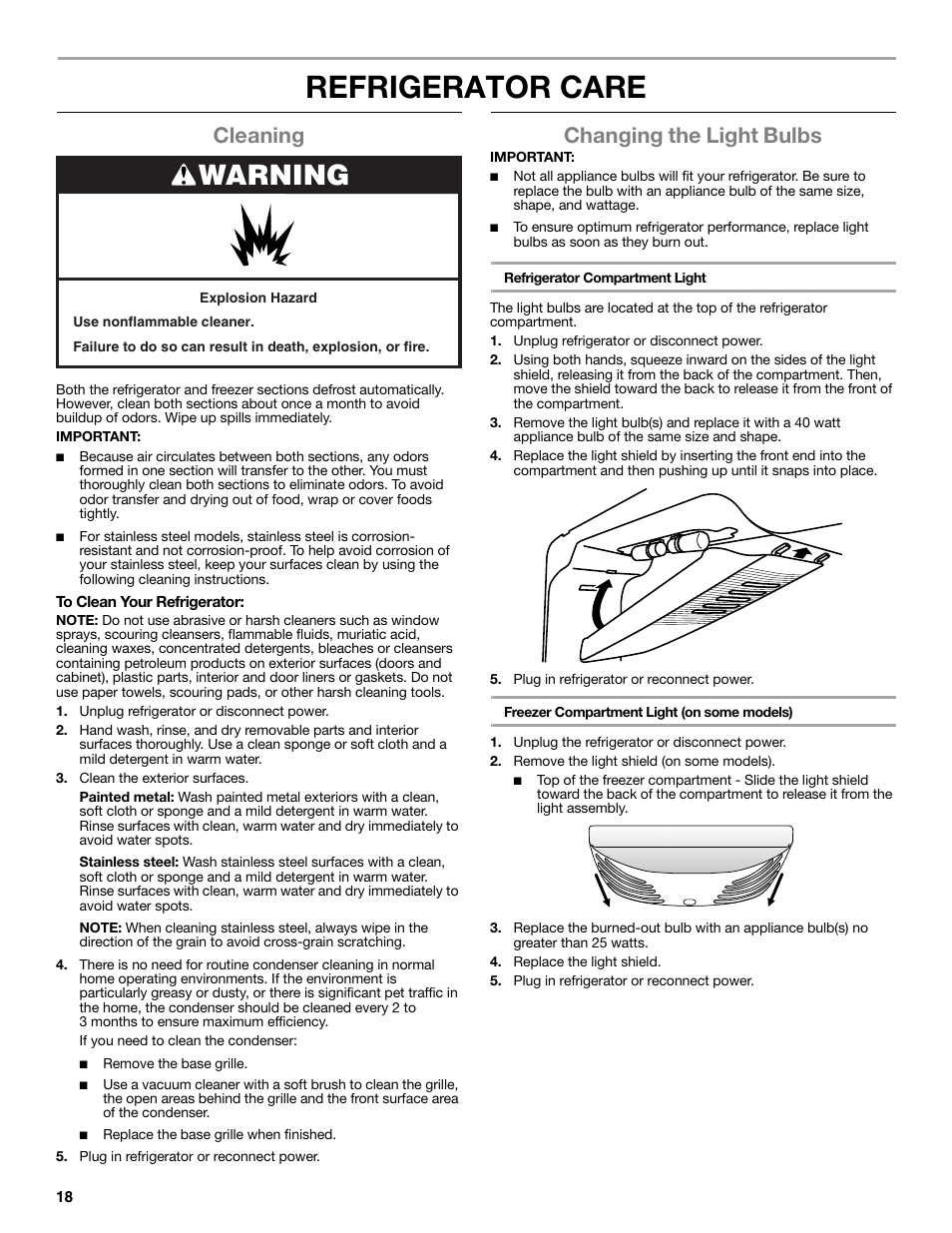 Refrigerator care, Warning, Cleaning | Changing the light bulbs | Whirlpool WRT771REYB User Manual | Page 18 / 72